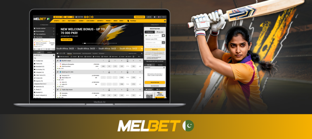 Melbet Pakistan sports betting site featuring cricket markets and online casino access